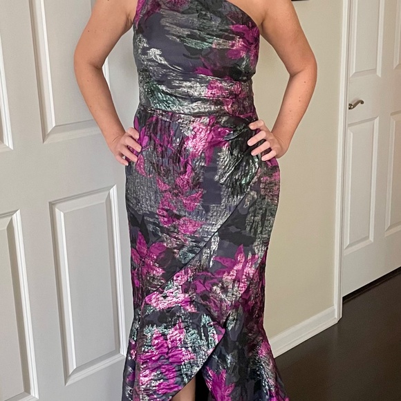 teri jon asymmetrical dress Teri Jon Stretch Mikado Asymmetrical Off Shoulder Cuff Gown – MOTHER OF
